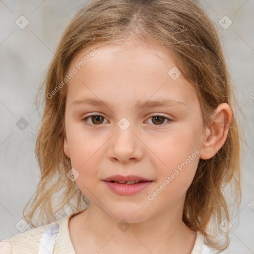 Joyful white child female with medium  brown hair and brown eyes