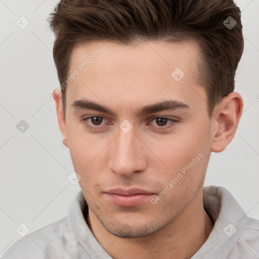 Neutral white young-adult male with short  brown hair and brown eyes