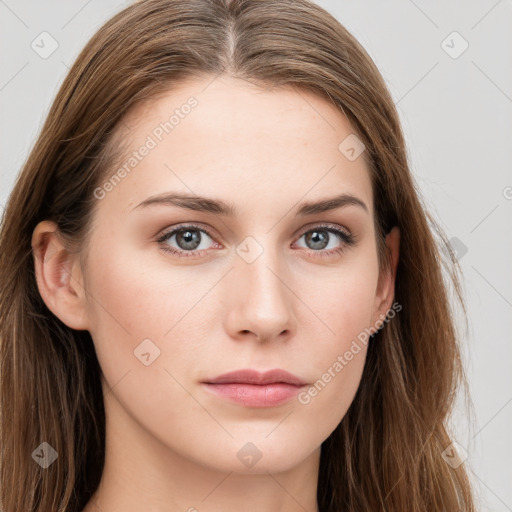 Neutral white young-adult female with long  brown hair and grey eyes