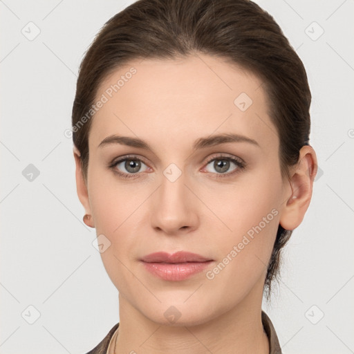 Neutral white young-adult female with long  brown hair and grey eyes