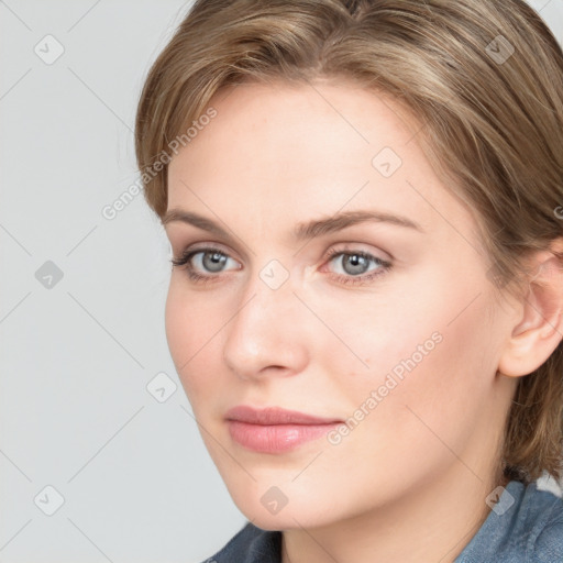 Neutral white young-adult female with medium  brown hair and blue eyes