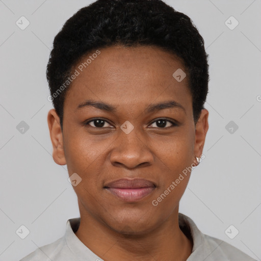 Joyful black young-adult female with short  black hair and brown eyes