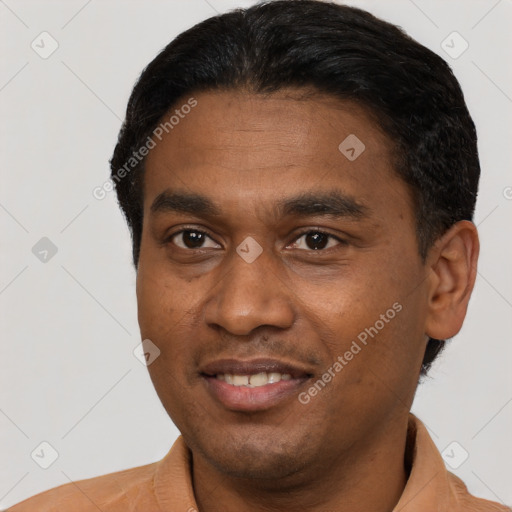 Joyful latino young-adult male with short  black hair and brown eyes