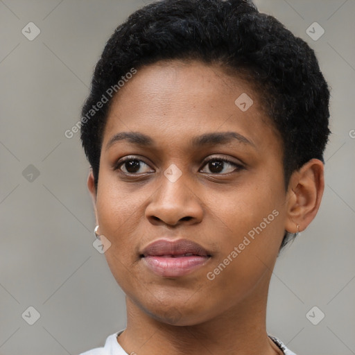 Joyful black young-adult female with short  black hair and brown eyes