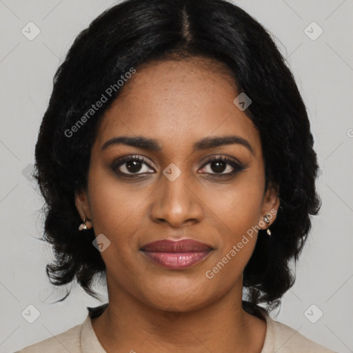 Joyful black young-adult female with medium  black hair and brown eyes