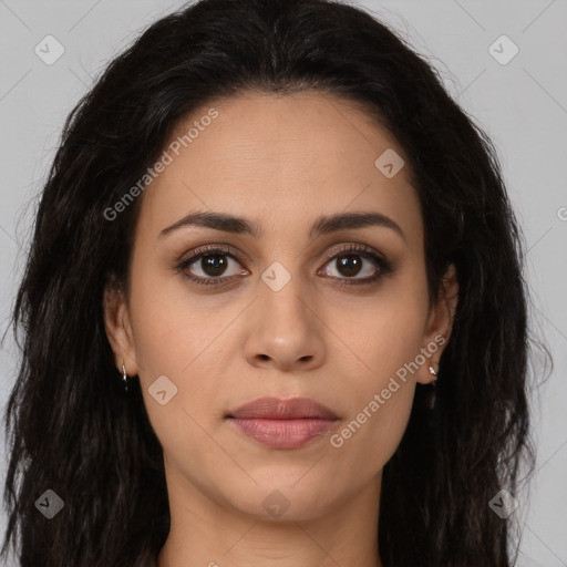 Joyful latino young-adult female with long  brown hair and brown eyes