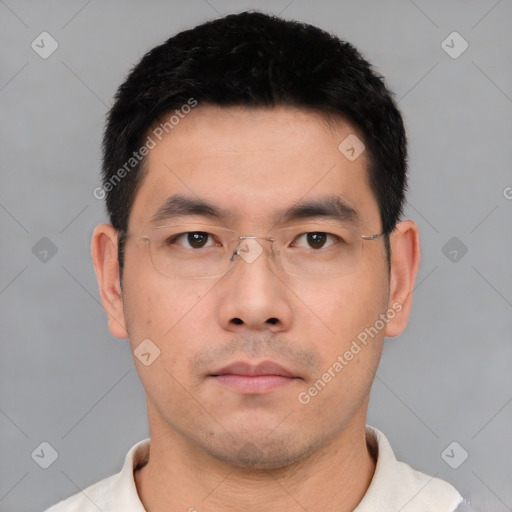 Neutral asian young-adult male with short  black hair and brown eyes