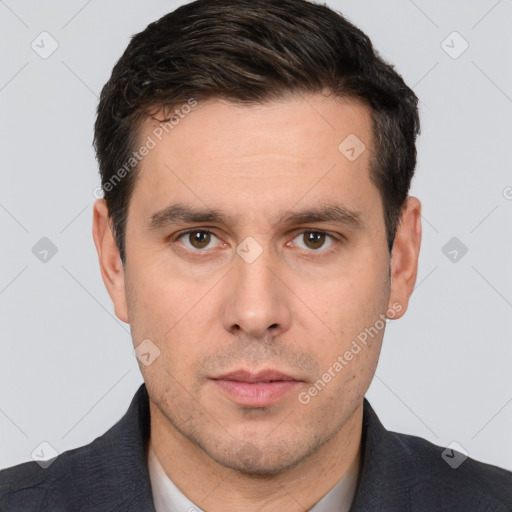 Neutral white adult male with short  black hair and brown eyes