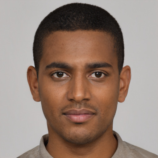 Neutral black young-adult male with short  black hair and brown eyes