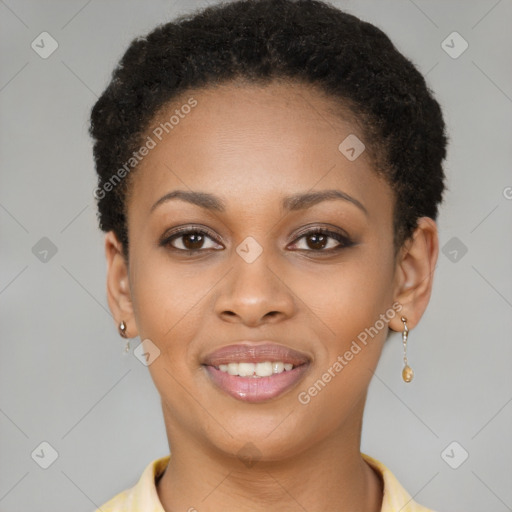 Joyful black young-adult female with short  brown hair and brown eyes