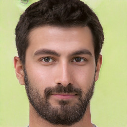 Neutral white young-adult male with short  black hair and brown eyes