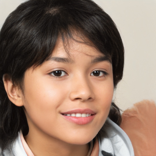 Joyful asian child female with medium  brown hair and brown eyes