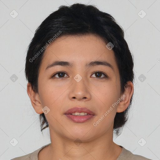 Neutral asian young-adult female with medium  brown hair and brown eyes