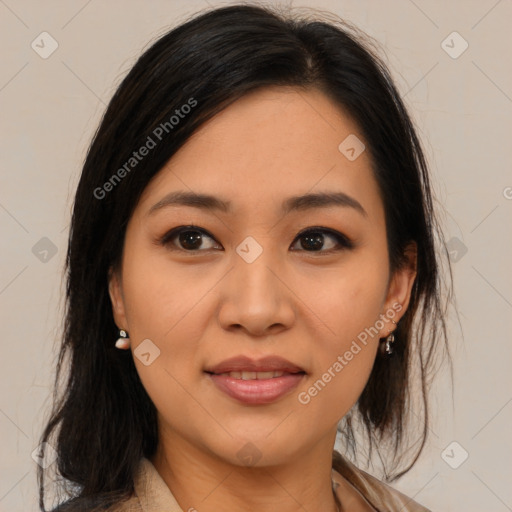 Joyful latino young-adult female with medium  brown hair and brown eyes