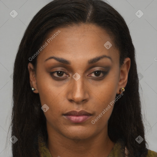 Neutral black young-adult female with long  brown hair and brown eyes