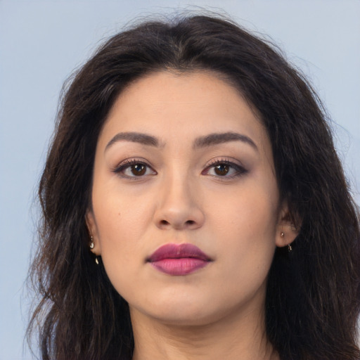 Neutral latino young-adult female with long  brown hair and brown eyes