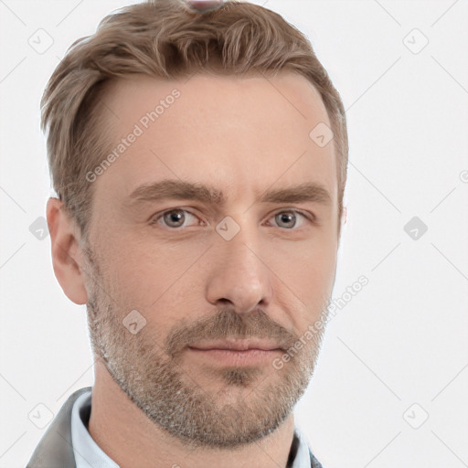 Neutral white adult male with short  brown hair and grey eyes