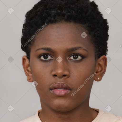 Neutral black young-adult female with short  brown hair and brown eyes