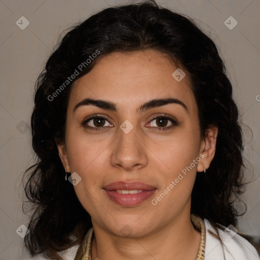 Joyful latino young-adult female with medium  brown hair and brown eyes