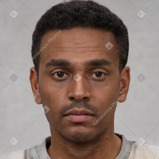 Neutral latino young-adult male with short  black hair and brown eyes