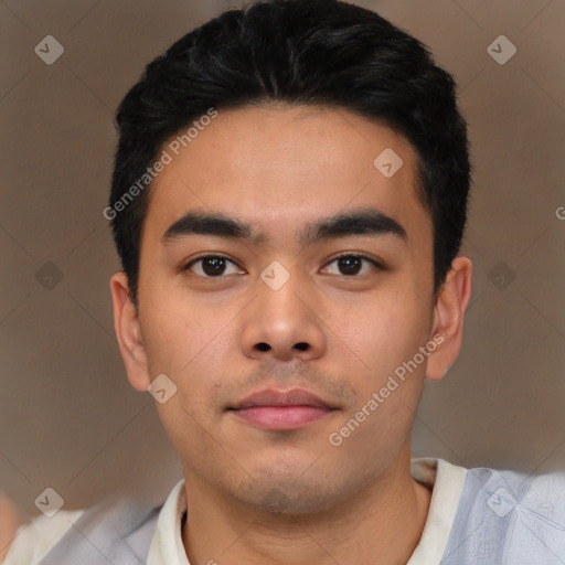 Neutral asian young-adult male with short  black hair and brown eyes