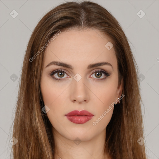 Neutral white young-adult female with long  brown hair and brown eyes