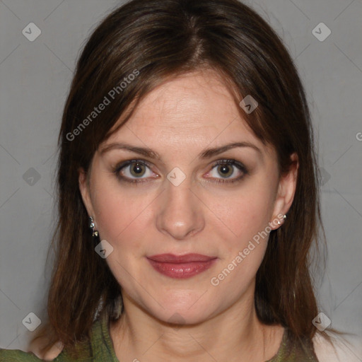 Joyful white young-adult female with medium  brown hair and green eyes