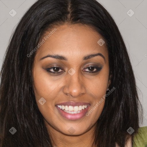 Joyful white young-adult female with long  brown hair and brown eyes