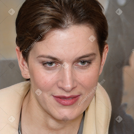 Joyful white adult female with medium  brown hair and brown eyes