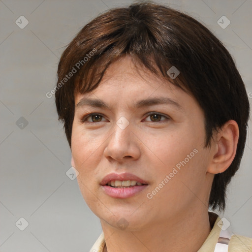 Joyful white young-adult female with short  brown hair and brown eyes