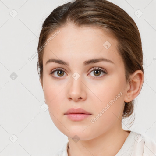 Neutral white young-adult female with medium  brown hair and brown eyes