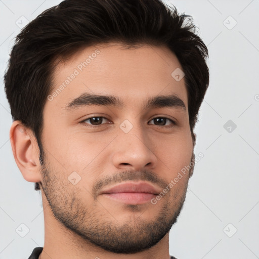 Neutral white young-adult male with short  brown hair and brown eyes