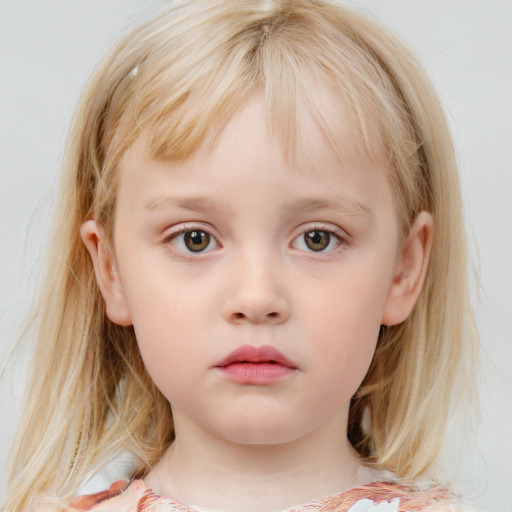 Neutral white child female with medium  brown hair and blue eyes