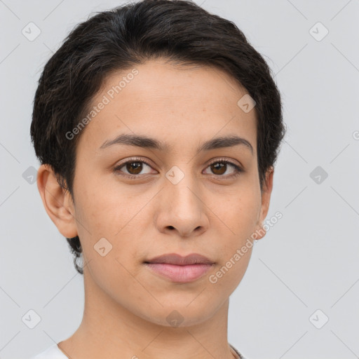 Joyful white young-adult female with short  brown hair and brown eyes