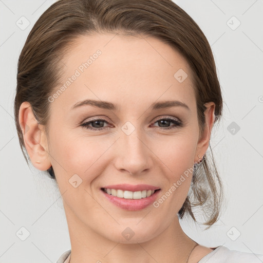 Joyful white young-adult female with medium  brown hair and grey eyes