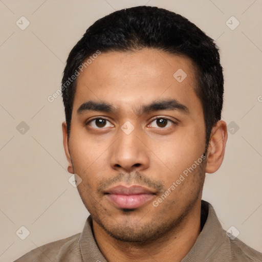 Neutral latino young-adult male with short  black hair and brown eyes