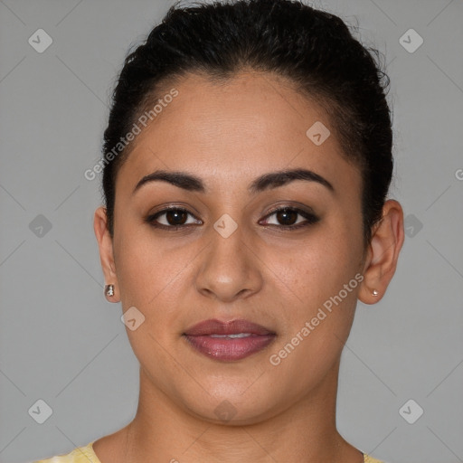 Joyful white young-adult female with short  brown hair and brown eyes