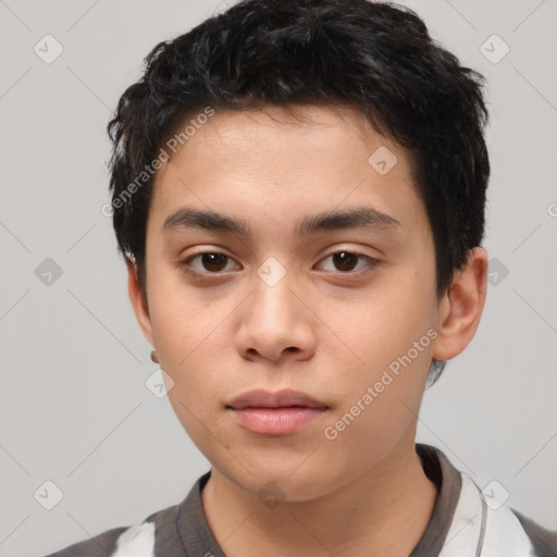 Neutral white young-adult male with short  black hair and brown eyes