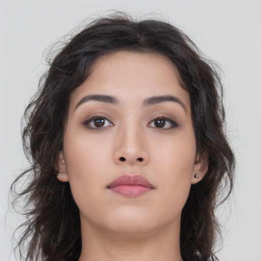 Neutral asian young-adult female with long  brown hair and brown eyes