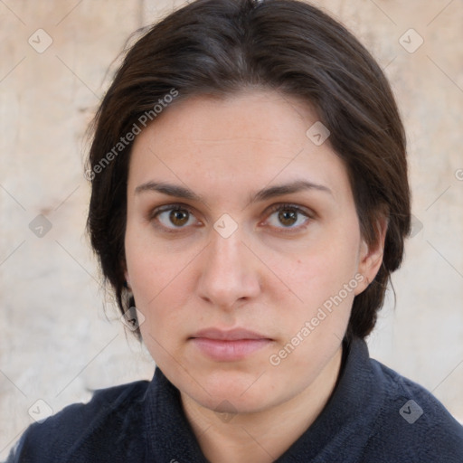 Neutral white young-adult female with medium  brown hair and brown eyes