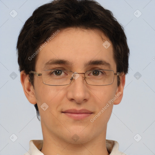 Joyful white adult male with short  brown hair and brown eyes