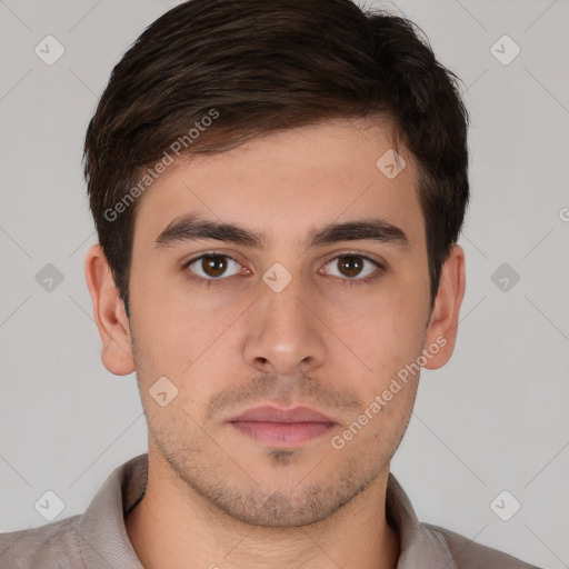 Neutral white young-adult male with short  brown hair and brown eyes