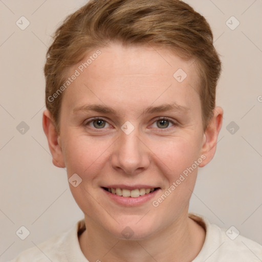 Joyful white young-adult female with short  brown hair and grey eyes