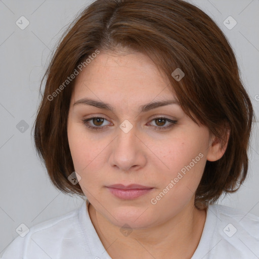 Neutral white young-adult female with medium  brown hair and brown eyes