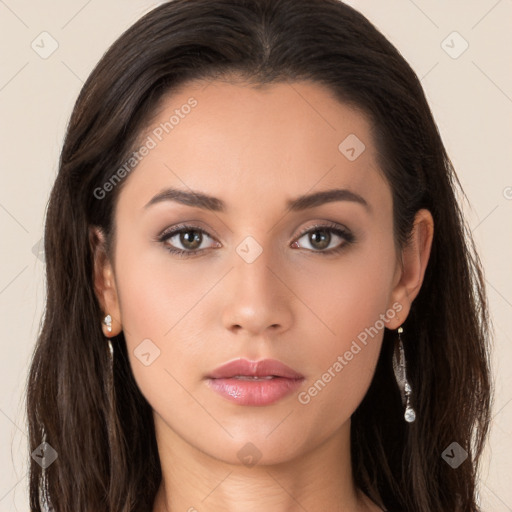 Neutral white young-adult female with long  brown hair and brown eyes