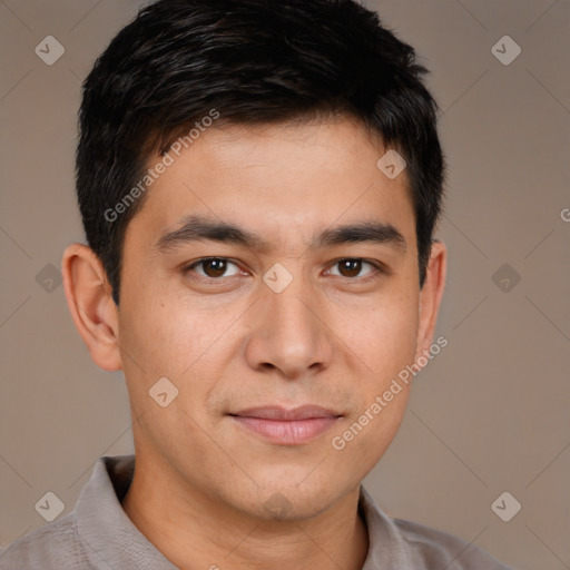 Joyful white young-adult male with short  black hair and brown eyes