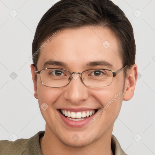 Joyful white young-adult male with short  brown hair and brown eyes