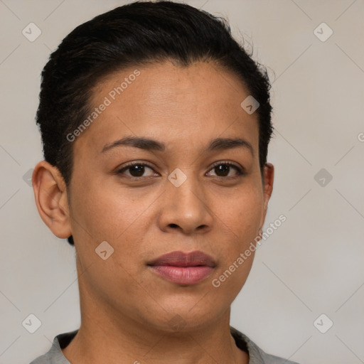 Joyful latino young-adult female with short  brown hair and brown eyes