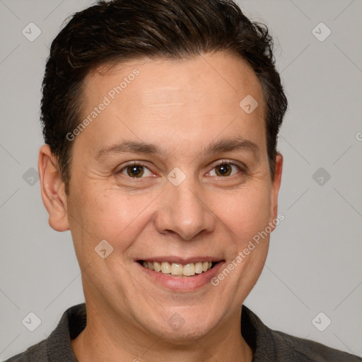 Joyful white adult female with short  brown hair and brown eyes