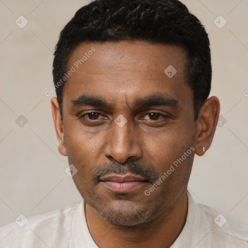 Neutral latino young-adult male with short  black hair and brown eyes